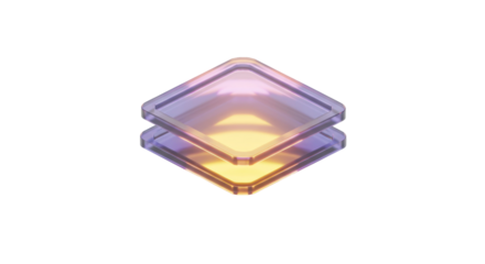 Two translucent, layered diamond shapes with a gradient of warm and cool colors, suggesting data, technology, or abstract digital concepts.