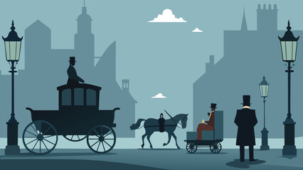Victorian london street scene with horse-drawn carriages and silhouetted buildings vector illustration