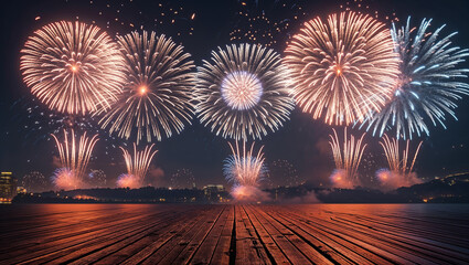 Colorful fireworks exploding over the city skyline at night illuminating a wooden pier