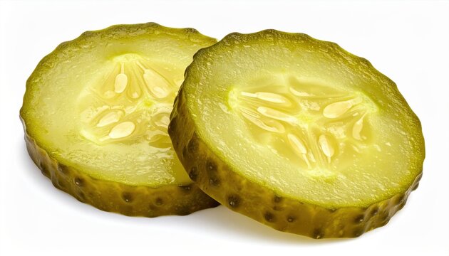 Detailed image of two pickle slices showcasing texture and seeds, perfect for culinary and food-related projects.