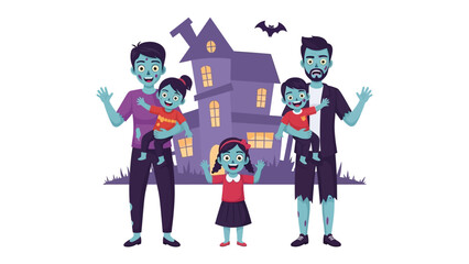 Spooky Halloween Gathering: A family dressed in playful attire, gathered in front of a haunted house under the Halloween night.
