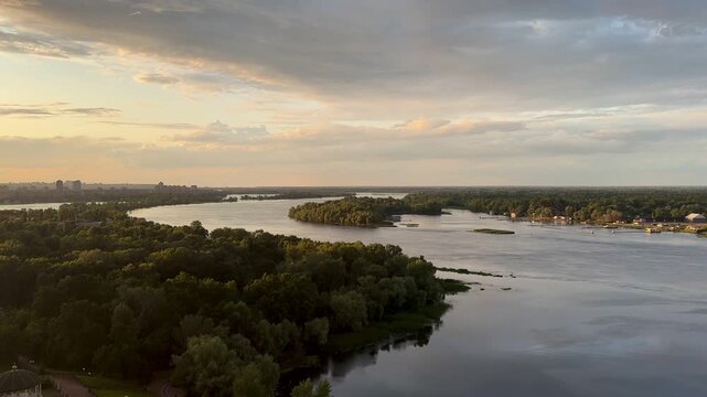 sundown and view from the top on the river Dnipro, Obolon district, Kyiv, Ukraine