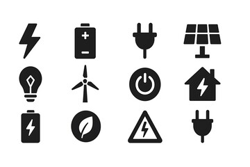 Electricity and energy icon set featuring vector glyphs of lightning bolts, batteries, plugs, solar panels, wind turbines, power sources, renewable energy, and electrical safety in black silhouette 
