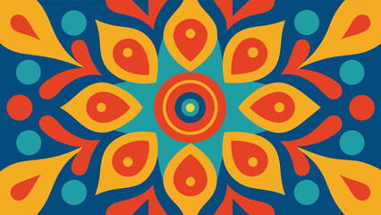 Fototapeta premium Vibrant Geometric Mandala Pattern in Teal Orange and Yellow on Blue Background symmetrical floral