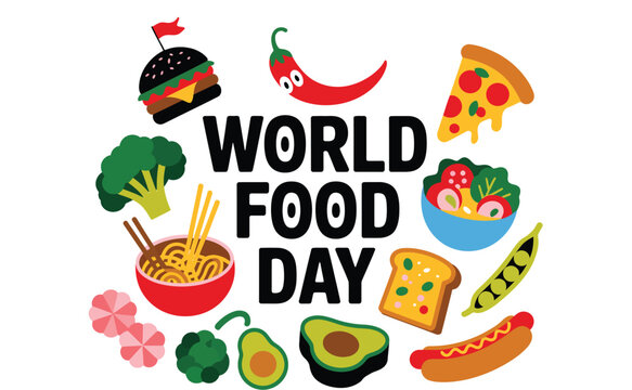 Celebration of World Food Day with diverse, colorful food illustrations