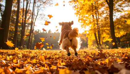 Fototapeta premium Golden Retriever dog playing and jumping in a field of colorful autumn leaves on a sunny fall day