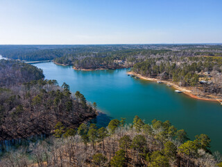 Fototapeta premium Aerial landscape Clarks Hill Lake in winter after Hurricane Helene in Appling Augusta Georgia
