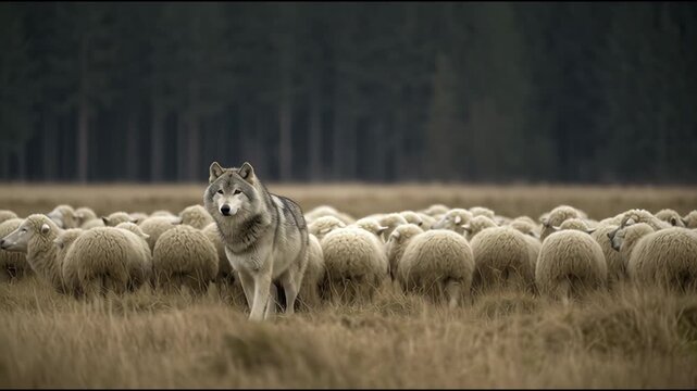 Wolf standing protectively in flock of sheep near forest edge, alert and watchful. Wildlife and survival concept
