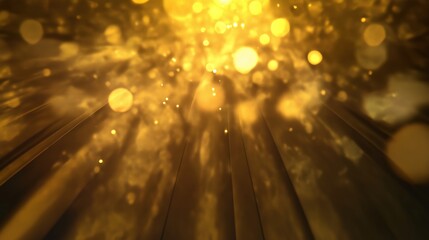 form. Dramatic golden light beams shining through darkness, creating an abstract bokeh effect. event key visuals, club posters, designed for sports event promotions and stadium branding.