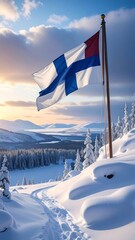 A Finnish flag waving over a snowy landscape at sunrise