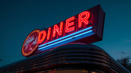 Fototapeta premium Neon Diner Sign Glows Brightly in the Evening Sky