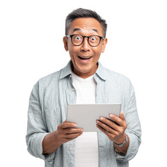 Surprised Southeast Asian man with tablet on transparent background