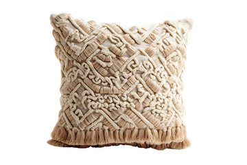 Obraz premium Exquisite Hand-Woven Beige Throw Pillow with Intricate Textured Design and Tassel Fringe, Perfect for Bohemian Decor Isolated on transparent background, cutout