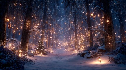 A enchanting snowy forest path is illuminated by lanterns and twinkling lights, creating a magical winter scene