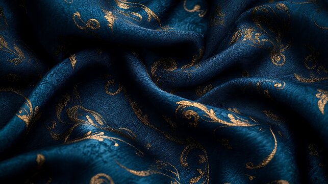 Luxurious Teal Silk Fabric with Golden Floral Pattern.