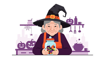 Spooky Concoction: A whimsical illustration of a witch in her kitchen, surrounded by Halloween-themed elements. She is depicted holding a jar of colorful candies.