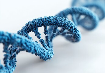 Close-up view of a DNA double helix.  A vibrant, detailed representation of the DNA strand, with a slightly textured, dark-blue appearance, is depicted against a bright white background. 