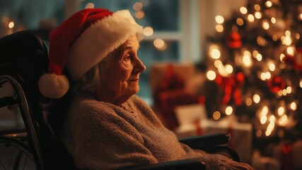 Elderly woman wearing santa hat sitting in wheelchair looking at christmas tree - Powered by Adobe