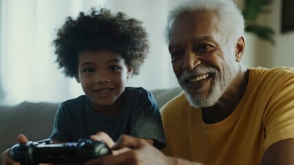 Grandfather and grandson playing video games at home, enjoying time together - Powered by Adobe