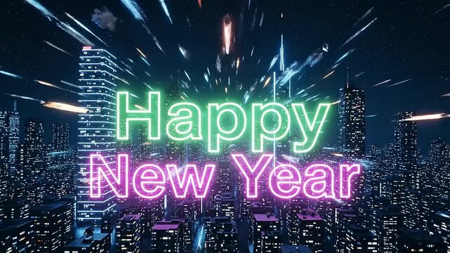 Happy New Year text in a futuristic neon city with light trails and modern skyscrapers at night