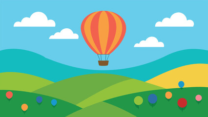 Whimsical hot air balloon adventure above rolling green hills under a blue sky with clouds