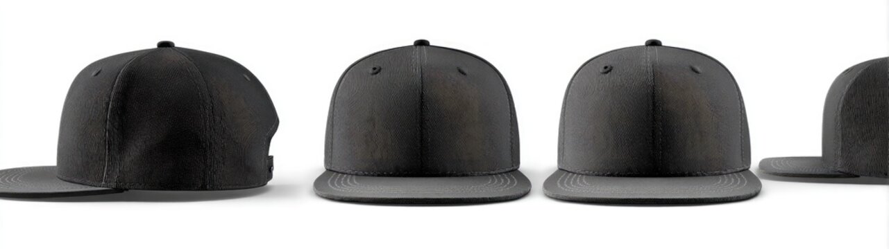 Multiple views of dark gray flat bill caps