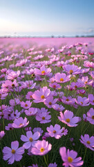 Obraz premium Vast field of blooming pink and purple cosmos flowers under a bright sky