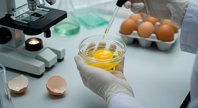 Scientist meticulously examines egg yolk in a lab setting, using precise tools for analysis.