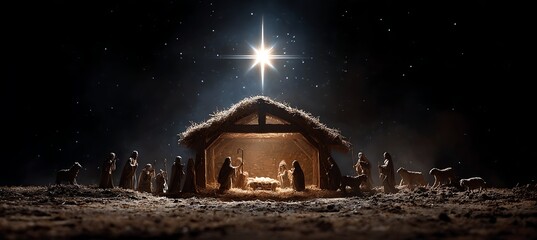 Nativity scene with the star of bethlehem shining brightly above the manger in the night sky