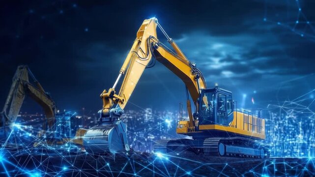 Excavator working on a construction site with network connection representing smart industrial technology