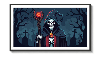 Enigmatic Guardian: A chilling illustration of a cloaked skeletal figure, emanating an aura of mystery and power, stands guard within a shadowed graveyard.