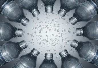 Circle of translucent plastic water bottles surrounded by refreshing water droplets, perfect for ecofriendly, beverage, hydration, or recycling concepts.