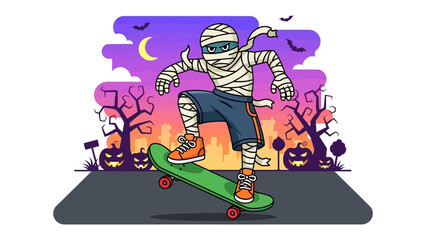 Mummy Skateboarding Illustration: A vibrant illustration depicts a skateboarding mummy in a spooky setting, with jack-o'-lanterns and bare trees, setting a festive vibe for the Halloween season.