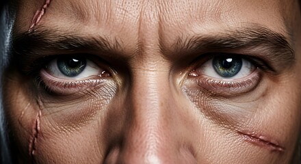Close-up of a man's face, showcasing intense eyes and noticeable scars, evoking a feeling of strength and resilience.  The deep gaze and weathered skin create a powerful and dramatic image.
