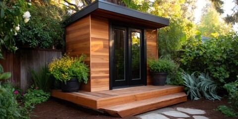 Tiny house living concept. Modern garden shed surrounded by lush greenery and wooden deck.