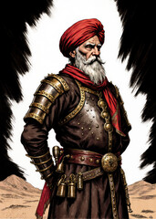 Old school fantasy RPG illustration of a veteran capain in dark leather armor ith bronze details and redturban, medieval commandercharacter design for tableop roleplay