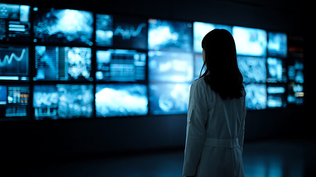 Scientist observing data displays in a high-tech control room