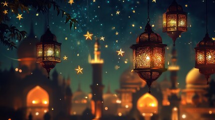 Fototapeta premium Illuminated lanterns hang over a mystical city at night