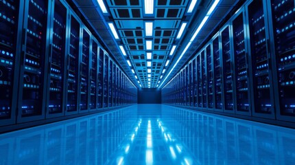 Advanced Digital Data Center Hallway with Blue Illuminated Servers and Pristine Reflective Surfaces