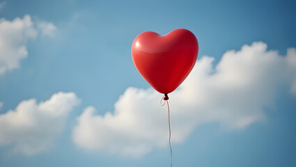 Red heart balloon floating freely through a bright blue sky with fluffy white clouds