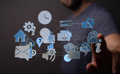 Abstract image of interconnected digital icons representing global network and technology.