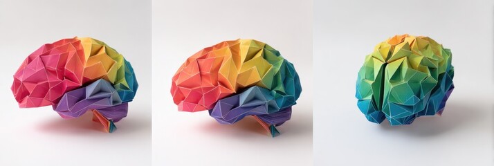 Three colorful origami brain models, displayed side-by-side on a white background. Each model is composed of numerous, precisely folded paper polygons, in a spectrum of rainbow colors