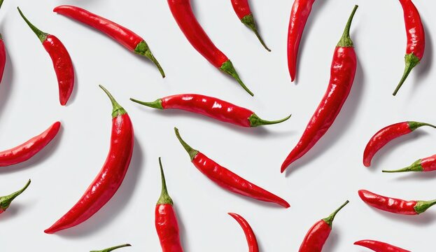 Vibrant red chili peppers arranged in a swirling pattern on a white background