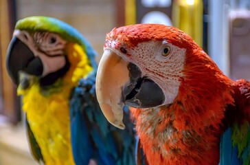 Blue and red parrots close up with beak and feathers
