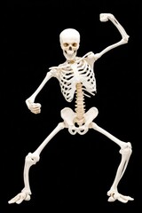 A lively skeleton is dancing joyfully against a black background, perfect for Halloween festivities