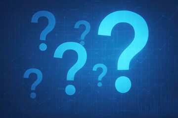 Abstract background with large and small glowing blue question marks and data charts query inquiry