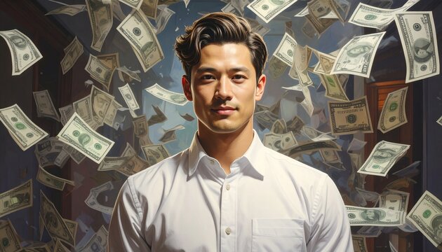 DSLR style photo of a white man with floating money in front of stock trend charts, symbolizing finance, success, and global investment.