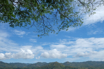 A view of hills on a sunny day with a frame of green leaves. Blue sky with soft white clouds. Copy space for text. Ecology and environmental concept. For graphic design and banners