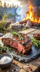 Grilled steak on slate, campfire backdrop