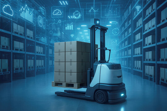Automated forklift with stacked boxes in a modern warehouse with digital data overlays logistics shipping